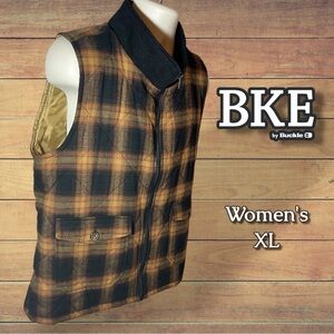 BKE Women's Black and Tan Buffalo Plaid Vest Corduroy Collar Size XL